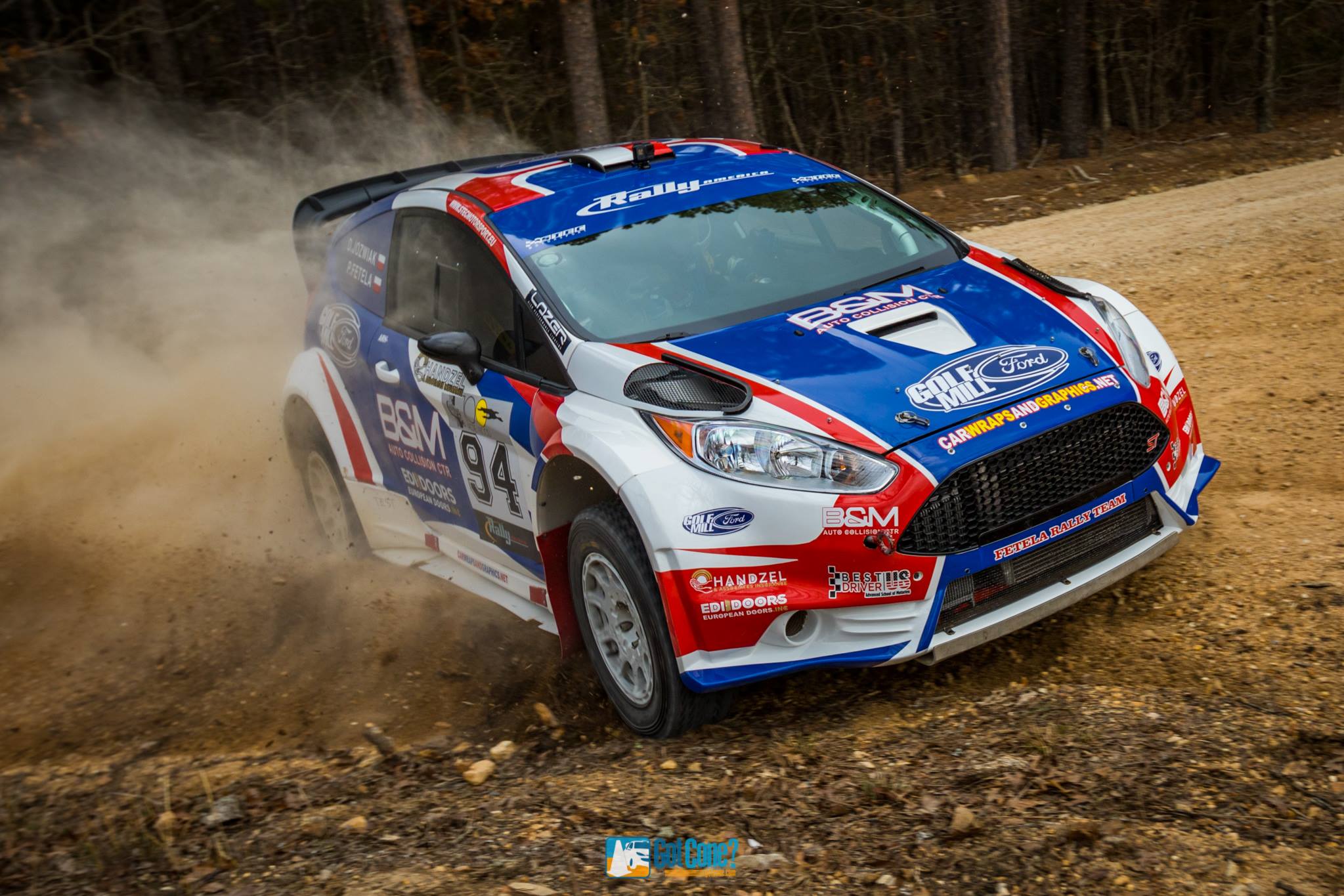 Piotr Fetela in his Ford Fiesta Proto on his way to victory at Rally in the 100 Acre Wood