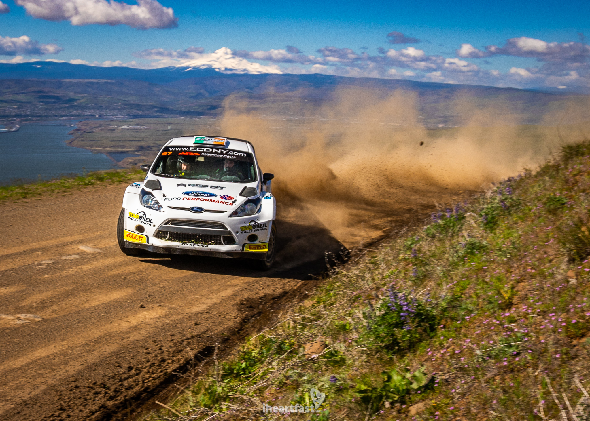 Barry McKenna gets sideways in his Ford Fiesta as Mt Hood lingers in the background