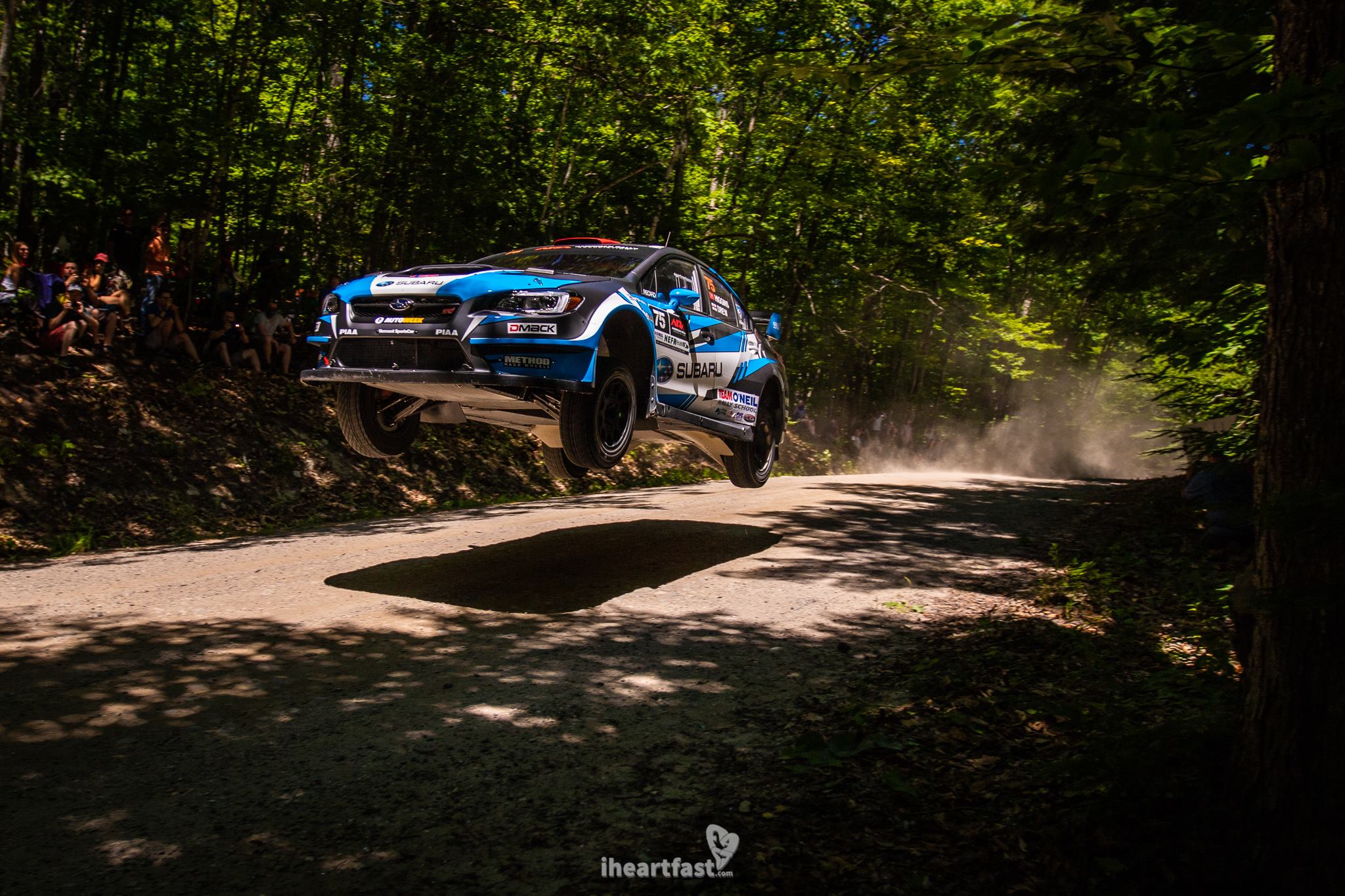 David Higgins and Craig Drew of Subaru Rally Team fly to victory at New England Forest Rally.