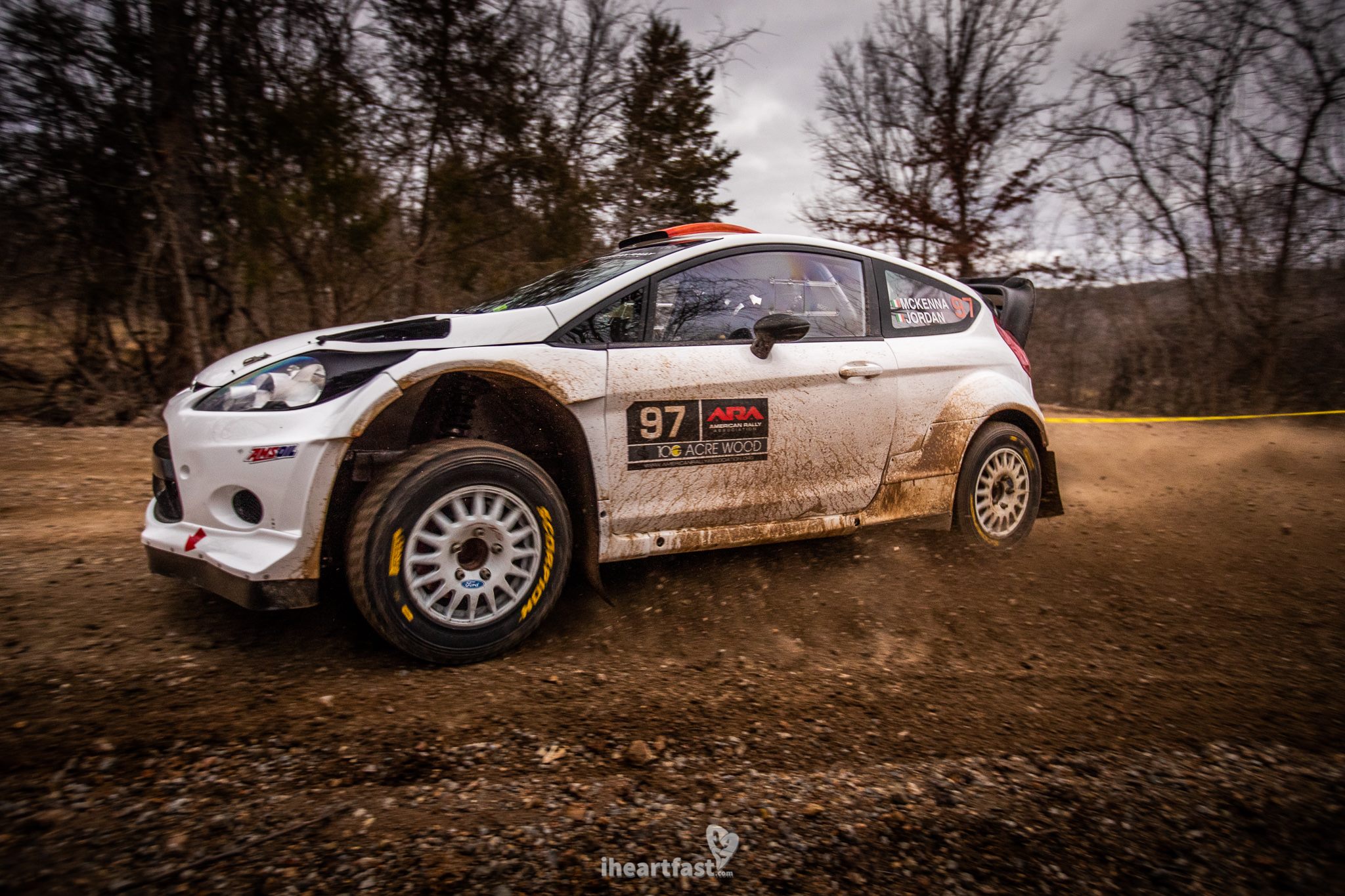 Barry McKenna and Leon Jordan driving to victory at American Rally Association 100 Acre Wood