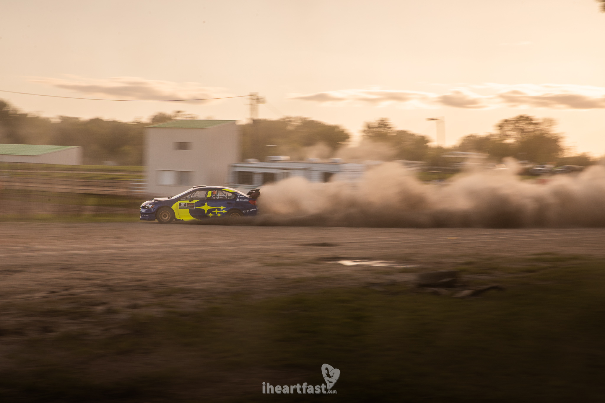 Travis Pastrana slides his Subaru Motorsports USA car around the Fairgrounds at Ojibwe Forests Rally